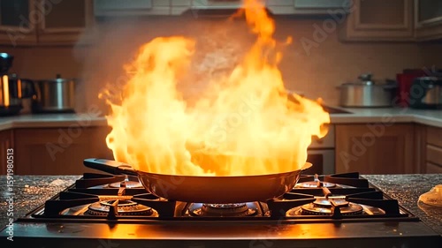 Kitchen catastrophe Flames engulf frying pan