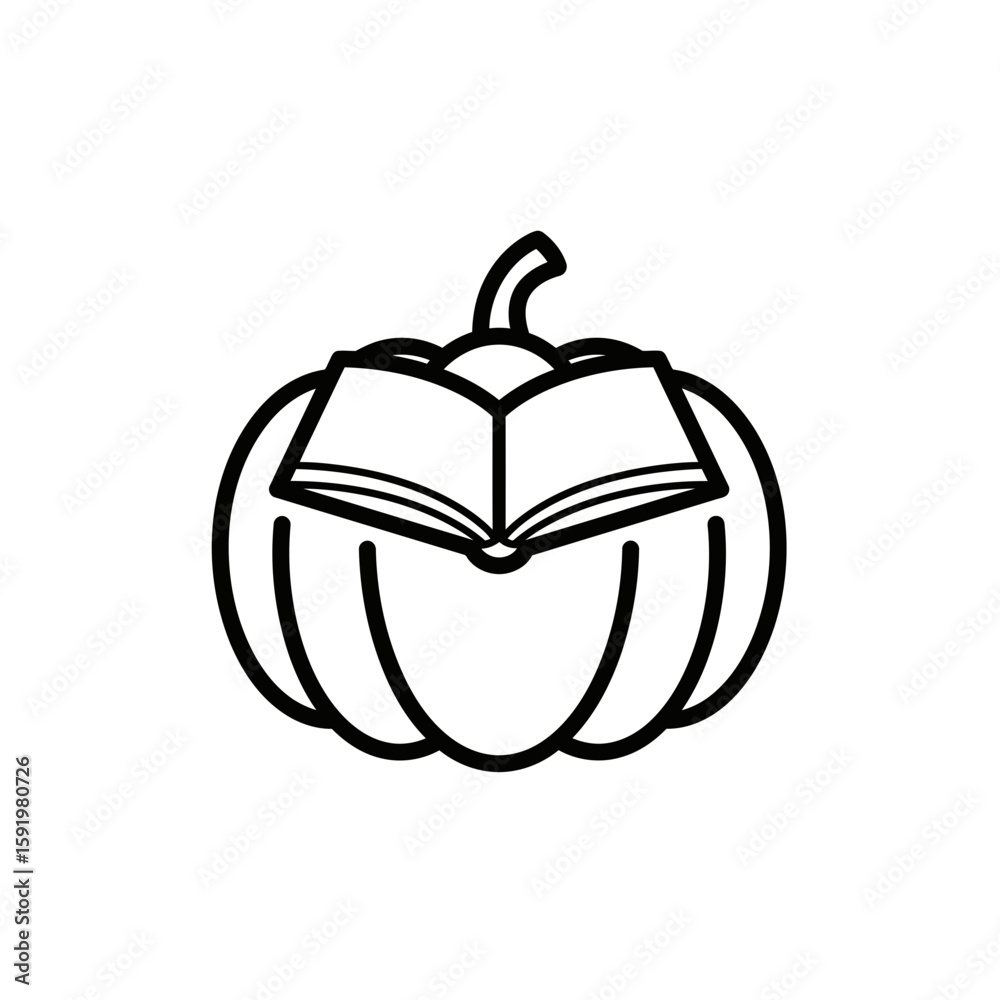 Obraz premium Open book resting on top of a simple line pumpkin silhouette