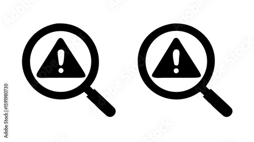 Vector illustration showing a stylized magnifying glass with a warning triangle containing an exclamation mark. The image is presented in two inverted versions: black on white and white on black. This