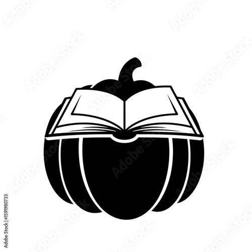 Book resting on a pumpkin in black and white style silhouette