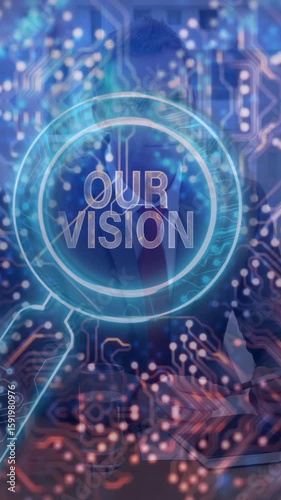 Magnifying glass over circuit board with animation in business meeting setting