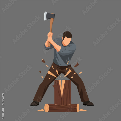 Person Chopping Wood Log with Axe in Illustration Style