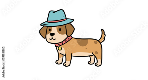 Cute dog wearing a hat with a playful expression on white background  