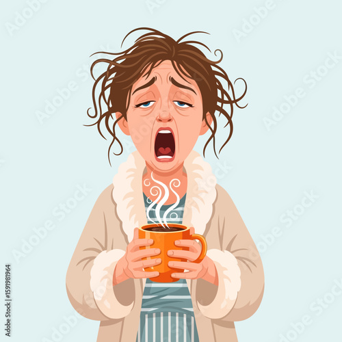 Woman Yawning and Holding Hot Drink Cup Cartoon Illustration