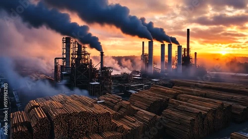 Lumber mill amidst smoky sunset
