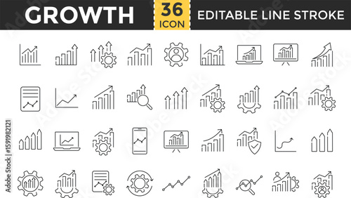growth line icon set. Revenue Growth, Percentage Growth, Presentation, Investment, Mountain Peak, increase, evolution, development and others. target achievement success sign. down or up arrow symbol.