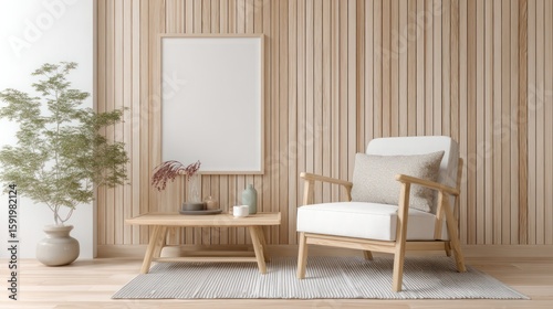 Modern minimalist living room with wooden accents
