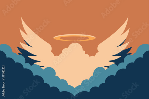Stylized angel wings hovering above a dreamlike cloudscape at sunset
