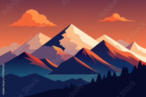 Majestic mountain peaks bathed in warm sunset light