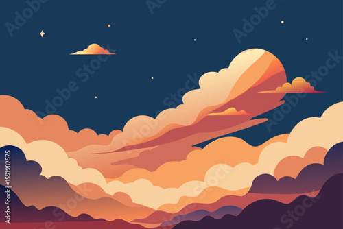 Vibrant sunset sky with stylized clouds and distant stars