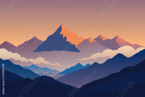 Serene mountain landscape at sunset with vibrant orange and purple hues