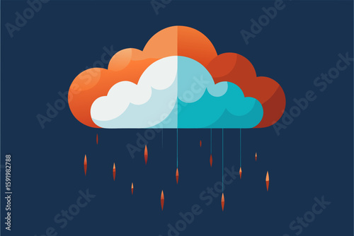 Abstract illustration of orange clouds raining over a blue geometric landscape