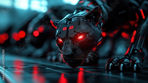 This image showcases a sleek, cybernetic panther with glowing red eyes, emphasizing advanced technology interplaying with natural forms. Its metallic form hints at themes of evolution and the fusion 