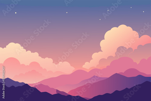 Serene mountain landscape with pink and purple clouds at dusk
