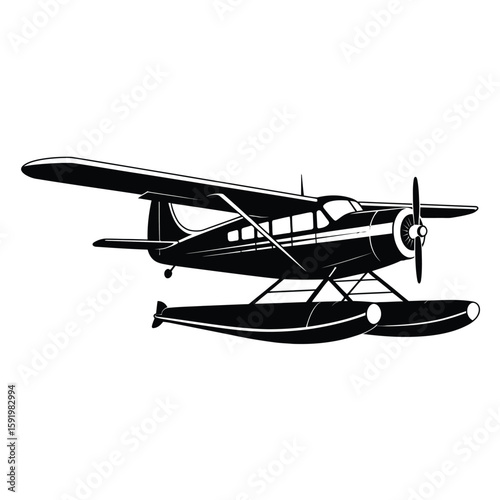 Classic floatplane aircraft silhouette flying over water isolated on white background