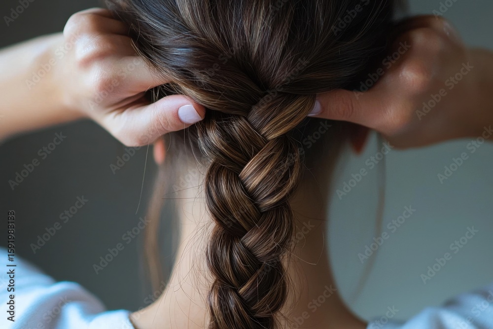 Naklejka premium Classic french braid tutorial step-by-step guide for perfectly tight and symmetrical braids home setting video content close-up view