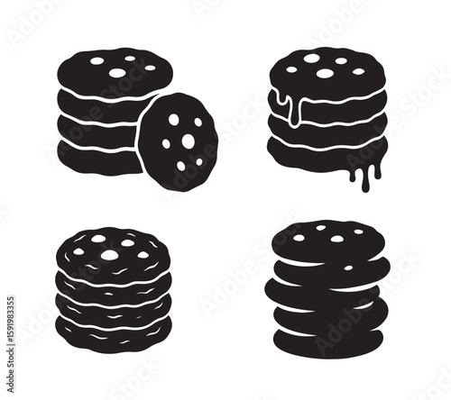 Four stacks of chocolate chip cookies biscuit in simple black silhouette style