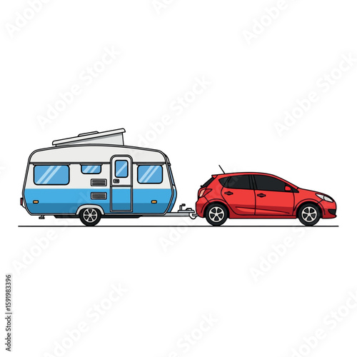 Red Car Towing a Blue and White Caravan