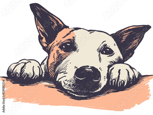Hand drawn flat vector illustration of a dog resting with ears perked  