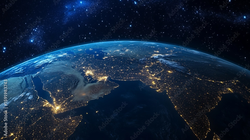 Obraz premium Earth at Night Showing City Lights in Middle East and India