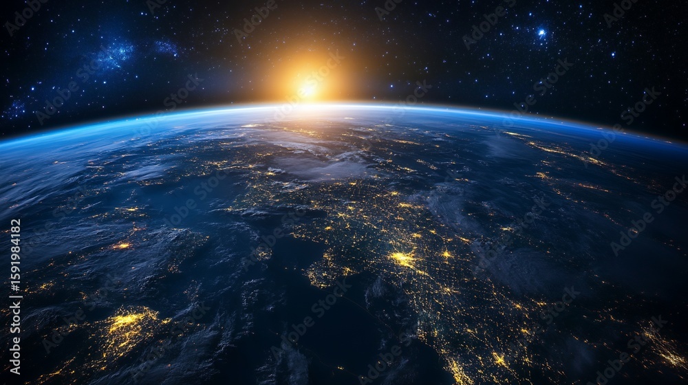 Fototapeta premium Earth at Sunrise From Space View with City Lights and Stars