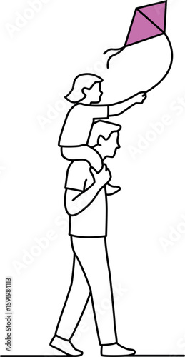 Clean line art of a father giving his child a piggyback ride while flying a kite. Captures fun, family, and outdoor play
