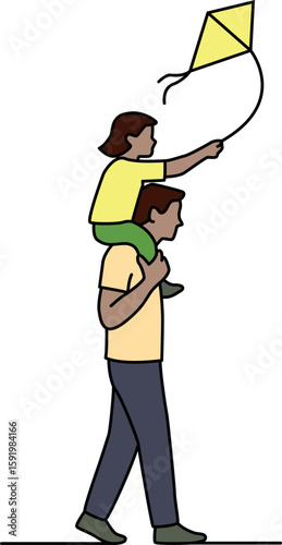 A heartwarming illustration of a father giving his child a piggyback ride while flying a kite. Captures strong family bonds and playful moments