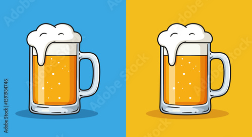 Illustrated beer mugs with frothy tops on vibrant backgrounds