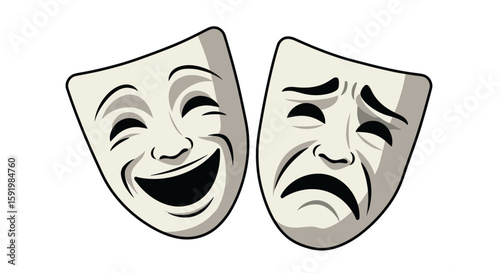 Theatrical masks showing joy and sadness on white background