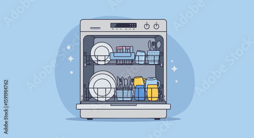 Dishwasher with clean dishes in a blue background