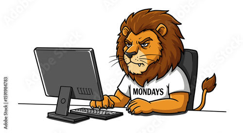 Angry lion working on computer in office