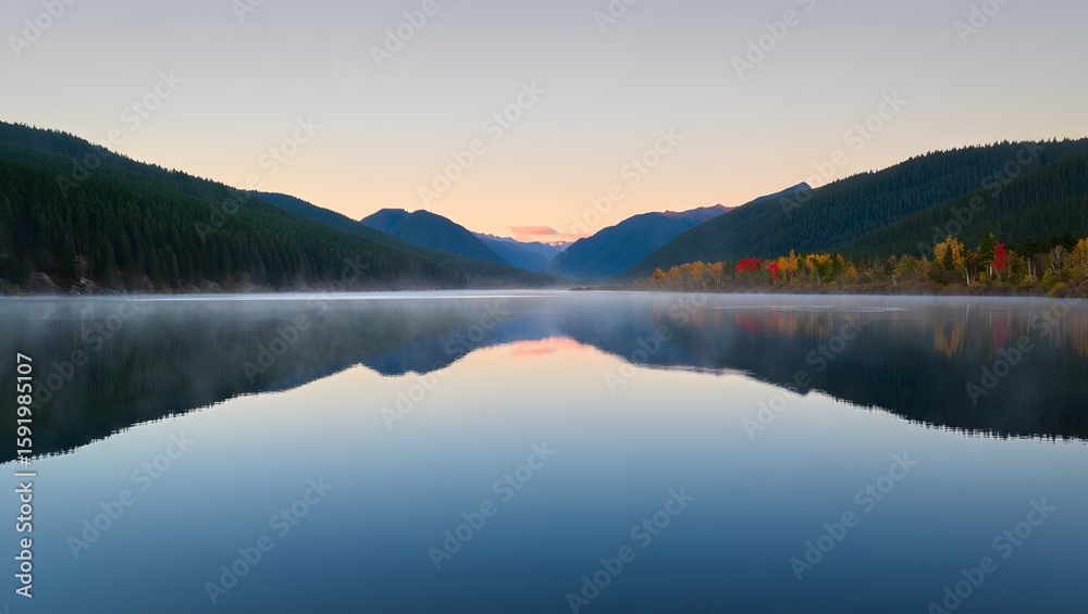 Fototapeta premium Misty Mountain Lake Reflection at Dawn