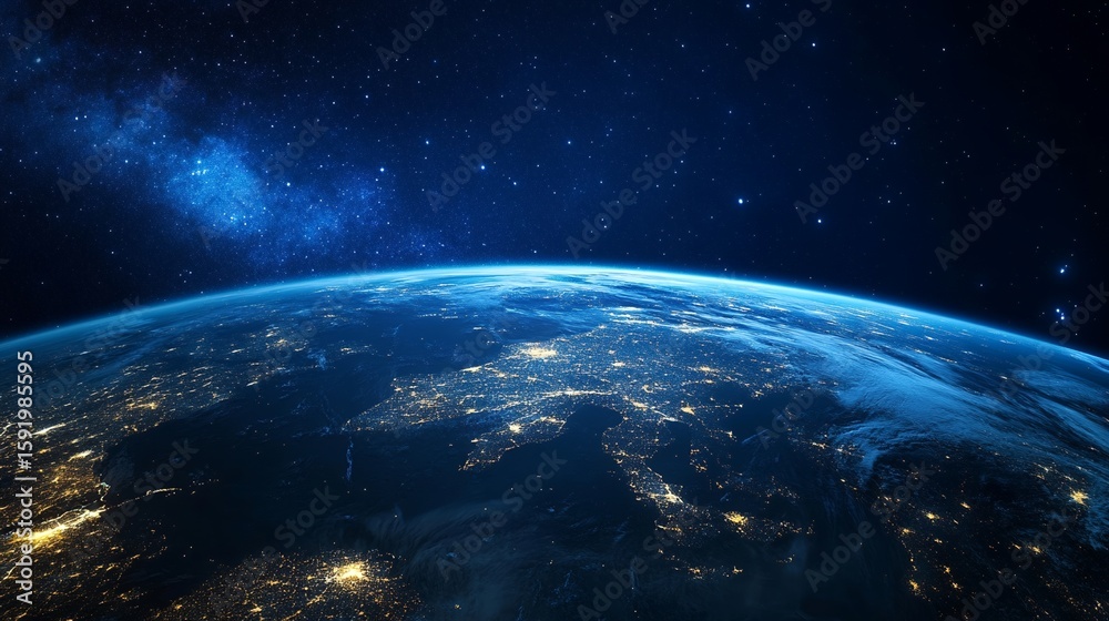 Fototapeta premium Earth From Space View at Night with City Lights and Stars