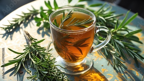 Rosemary tea in a clear mug, sprigs of rosemary and garden herbs laid around it on a sun-speckled table.