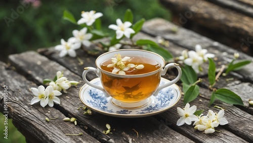Jasmine tea in a porcelain cup, with jasmine blossoms gently scattered around it on a garden table of aged wood.