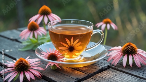 Echinacea tea in a clear teacup, with pink coneflowers blooming around it on a tranquil wooden table outdoors.