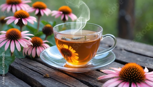 Echinacea tea in a clear teacup, with pink coneflowers blooming around it on a tranquil wooden table outdoors.