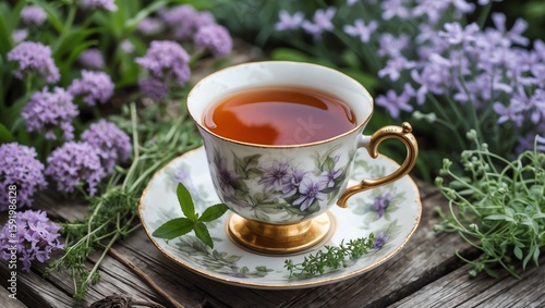 Earl Grey tea in a vintage cup, set among pale purple flowers and herbs on a garden table made of weathered wood.