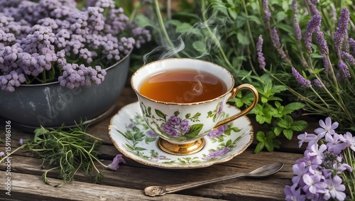 Earl Grey tea in a vintage cup, set among pale purple flowers and herbs on a garden table made of weathered wood.