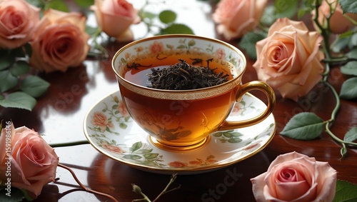 Darjeeling tea amber-colored in a fine china cup, with garden roses and vines surrounding it on a polished wooden table.
