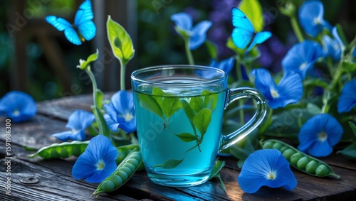 Blue pea flower tea glowing blue in a glass cup, surrounded by butterfly pea flowers on a whimsical wooden garden table.