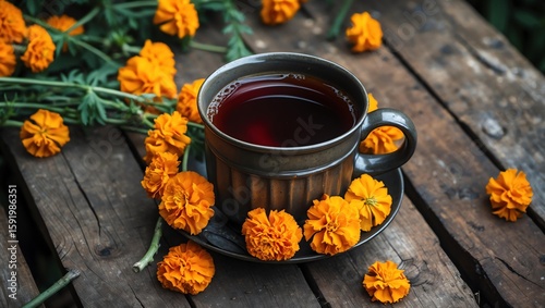 Assam tea strong and dark in a sturdy mug, encircled by marigolds on a rustic wooden garden table.