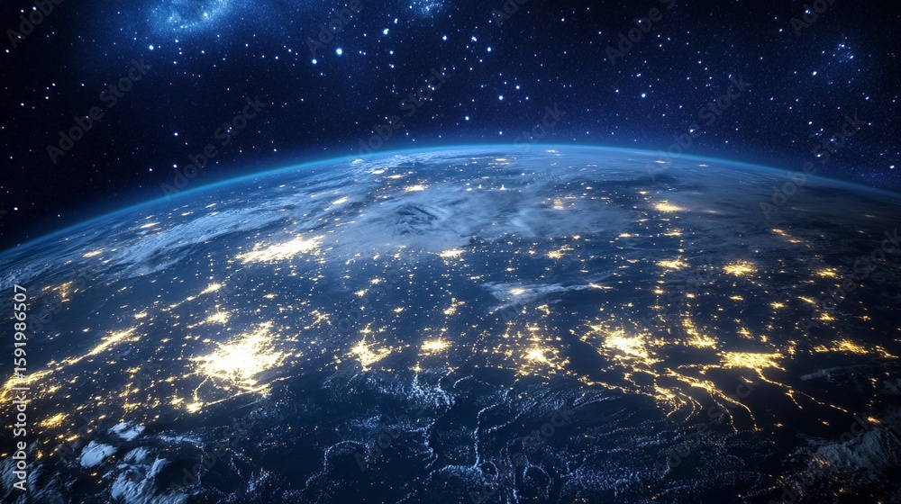 Fototapeta premium Earth at Night with City Lights and Stars in Outer Space