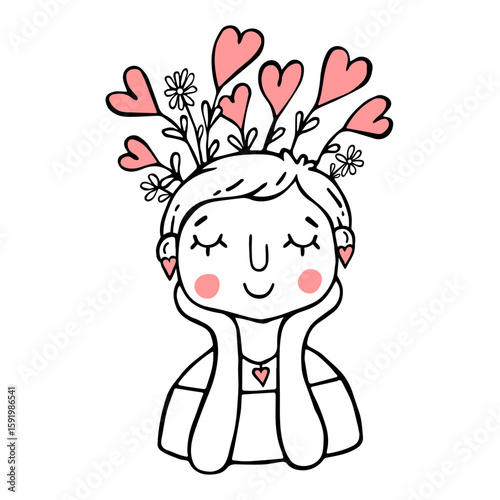A cute girl with short hair dreams of love. Relationship psychology.
