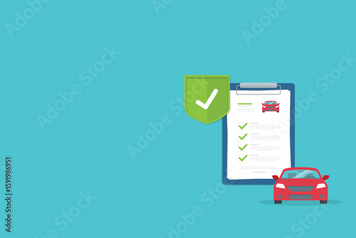 Car insurance document, report. Paper agreement checklist or loan checkmarks form list approved with automobile icon, vehicle financial, car dealership legal deal.
