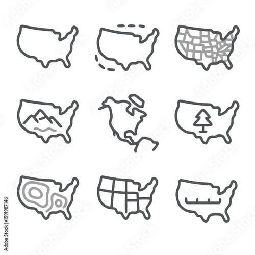Usa map icons illustrate diverse us geographical features. Ideal for educational materials, infographics, presentations, or travel related designs.