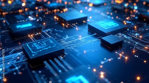 Wallpaper Mural An abstract image of a circuit board with illuminated squares and lines, lit by blue and orange bokeh, suggesting high-tech activity Torontodigital.ca