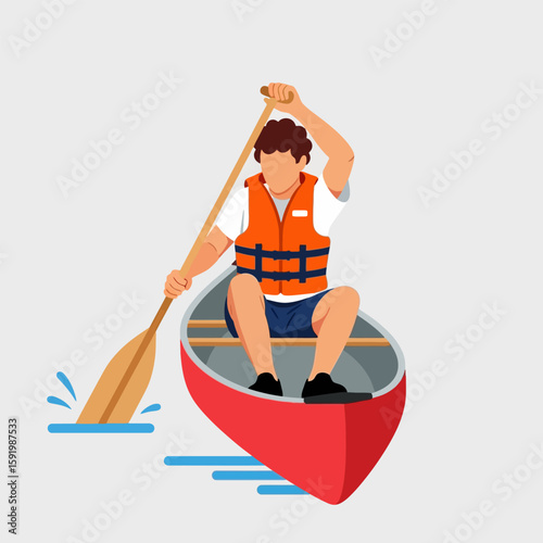 Man in Red Canoe Paddling with Wooden Oar Wearing Orange Life Vest