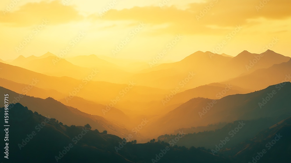 Obraz premium Golden Mountain Range Landscape View with Morning Mist Scenery