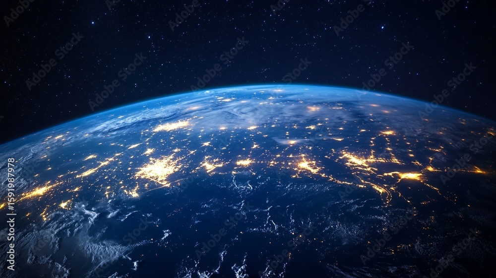 Fototapeta premium Earth From Space at Night Showing City Lights and Atmosphere